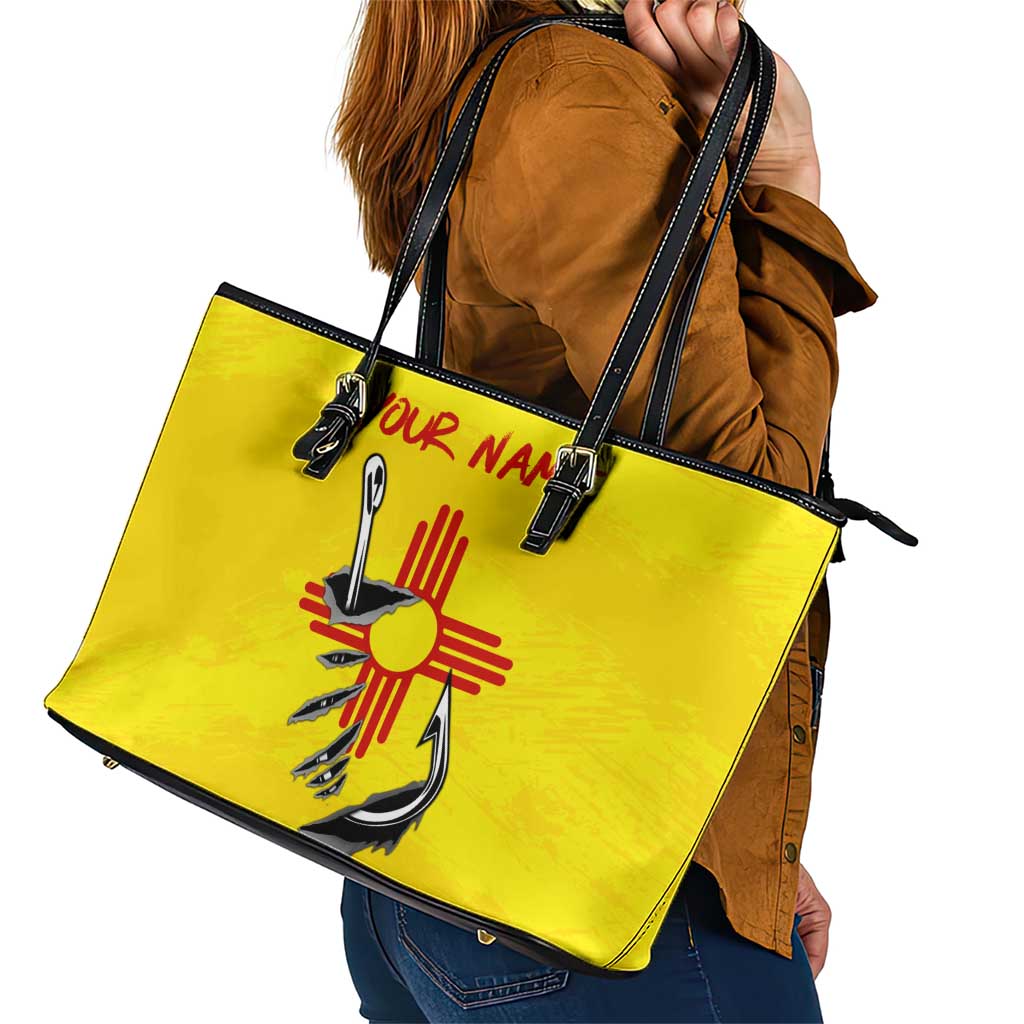 New Mexico Zia Symbol Fish Hook Leather Tote Bag Torn Fishing Graphic and Custom Name Design - Wonder Print Shop