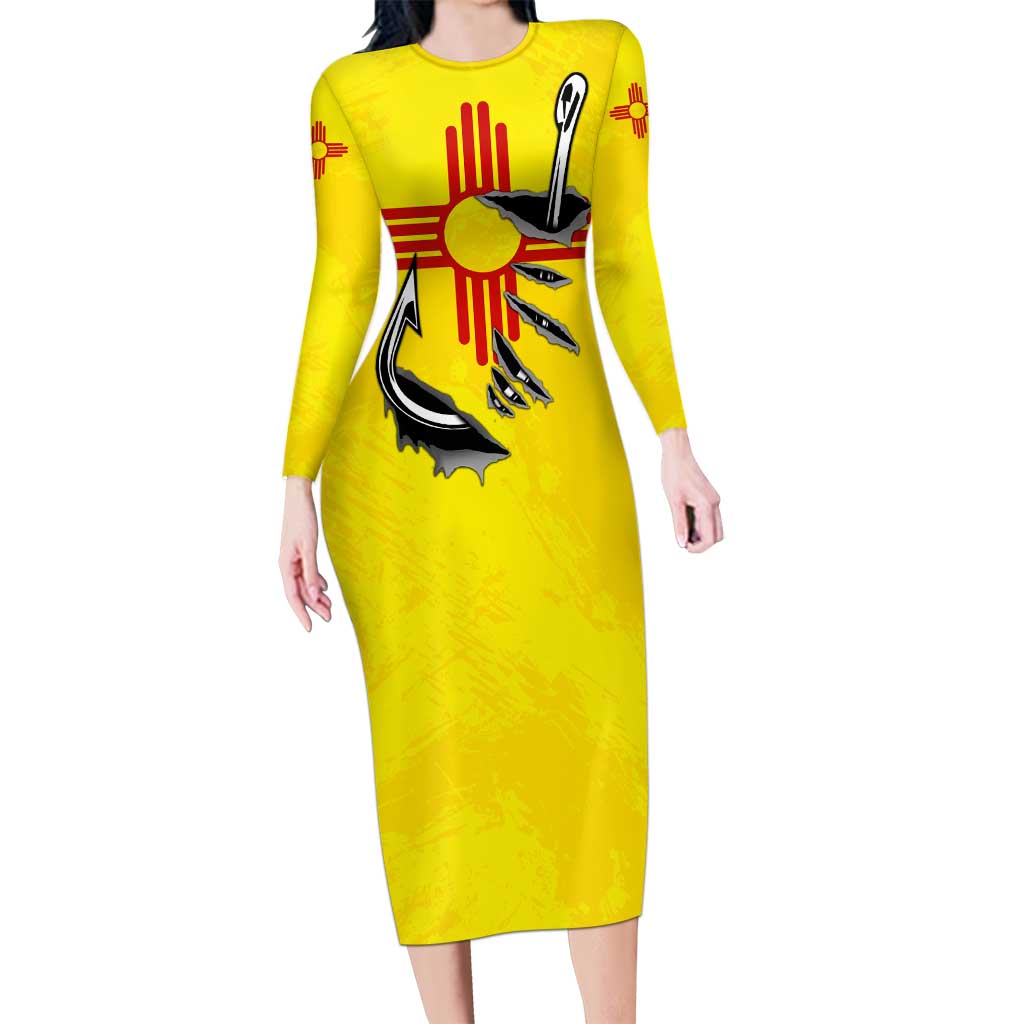 New Mexico Zia Symbol Fish Hook Long Sleeve Bodycon Dress Torn Fishing Graphic and Custom Name Design - Wonder Print Shop