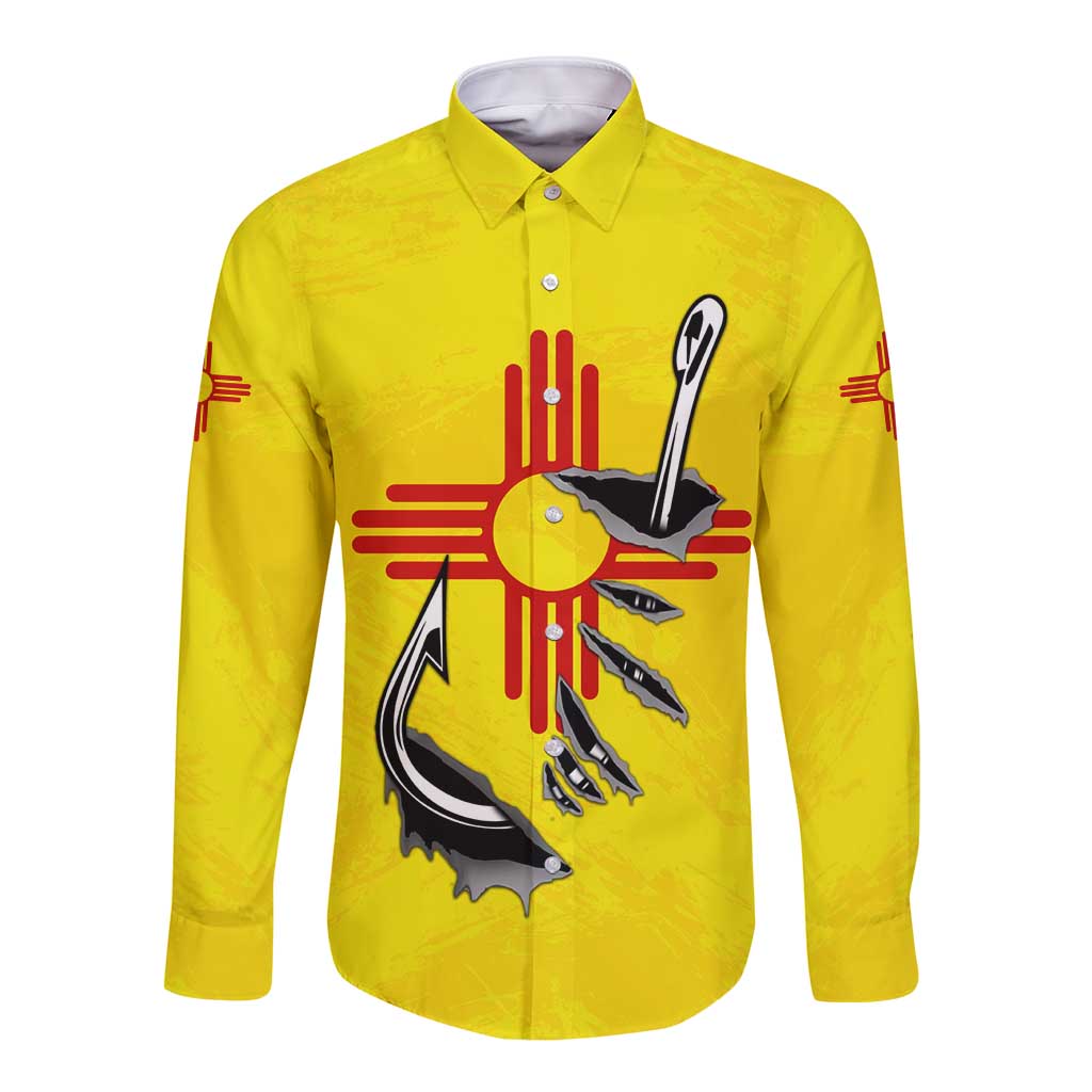 New Mexico Zia Symbol Fish Hook Long Sleeve Button Shirt Torn Fishing Graphic and Custom Name Design - Wonder Print Shop