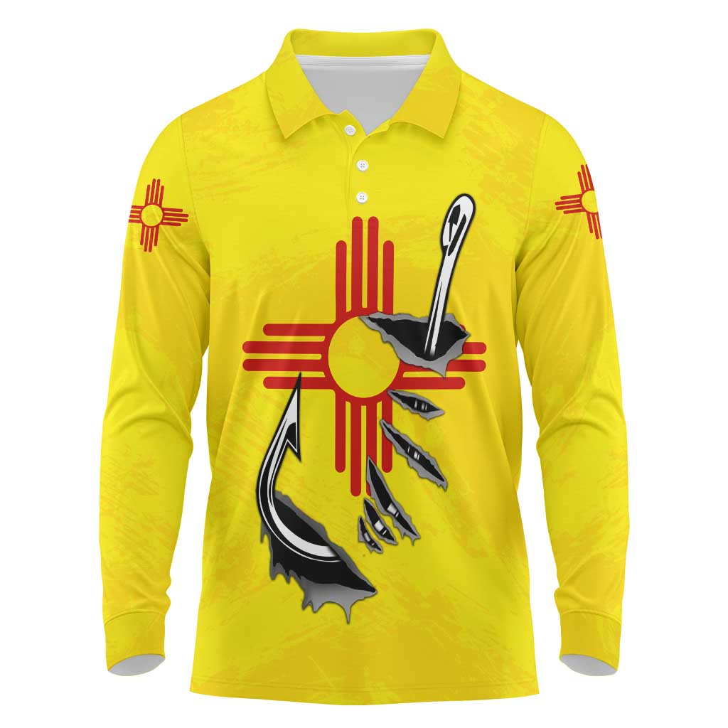 New Mexico Zia Symbol Fish Hook Long Sleeve Polo Shirt Torn Fishing Graphic and Custom Name Design - Wonder Print Shop