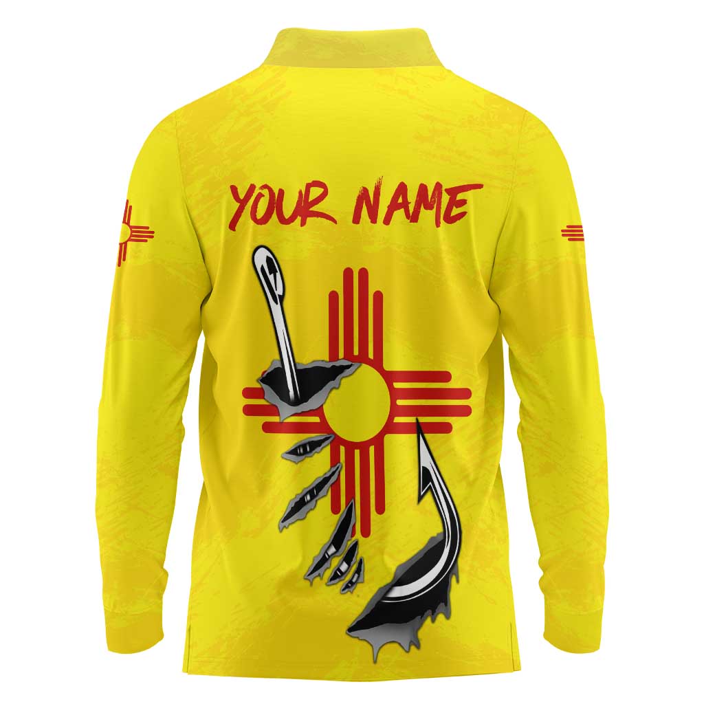 New Mexico Zia Symbol Fish Hook Long Sleeve Polo Shirt Torn Fishing Graphic and Custom Name Design - Wonder Print Shop