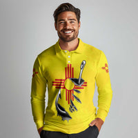 New Mexico Zia Symbol Fish Hook Long Sleeve Polo Shirt Torn Fishing Graphic and Custom Name Design - Wonder Print Shop