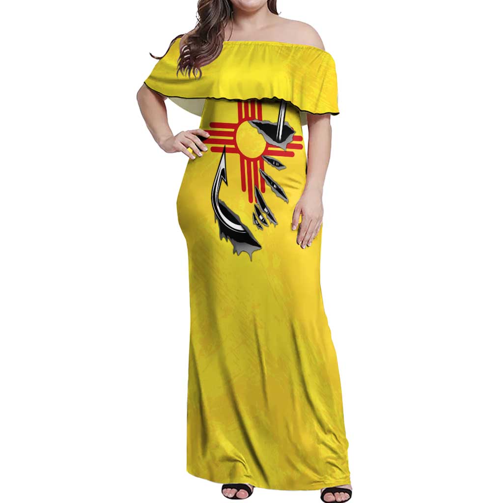 New Mexico Zia Symbol Fish Hook Off Shoulder Maxi Dress Torn Fishing Graphic and Custom Name Design - Wonder Print Shop