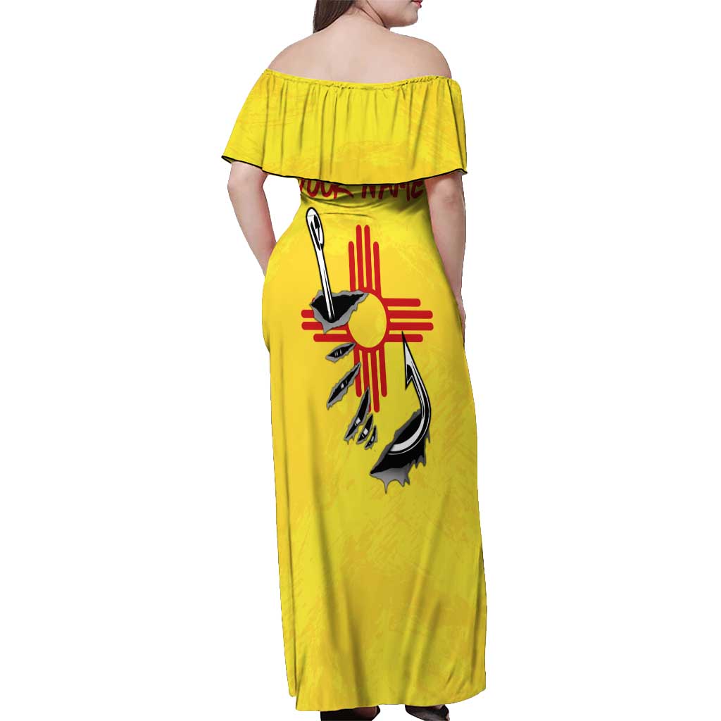 New Mexico Zia Symbol Fish Hook Off Shoulder Maxi Dress Torn Fishing Graphic and Custom Name Design - Wonder Print Shop