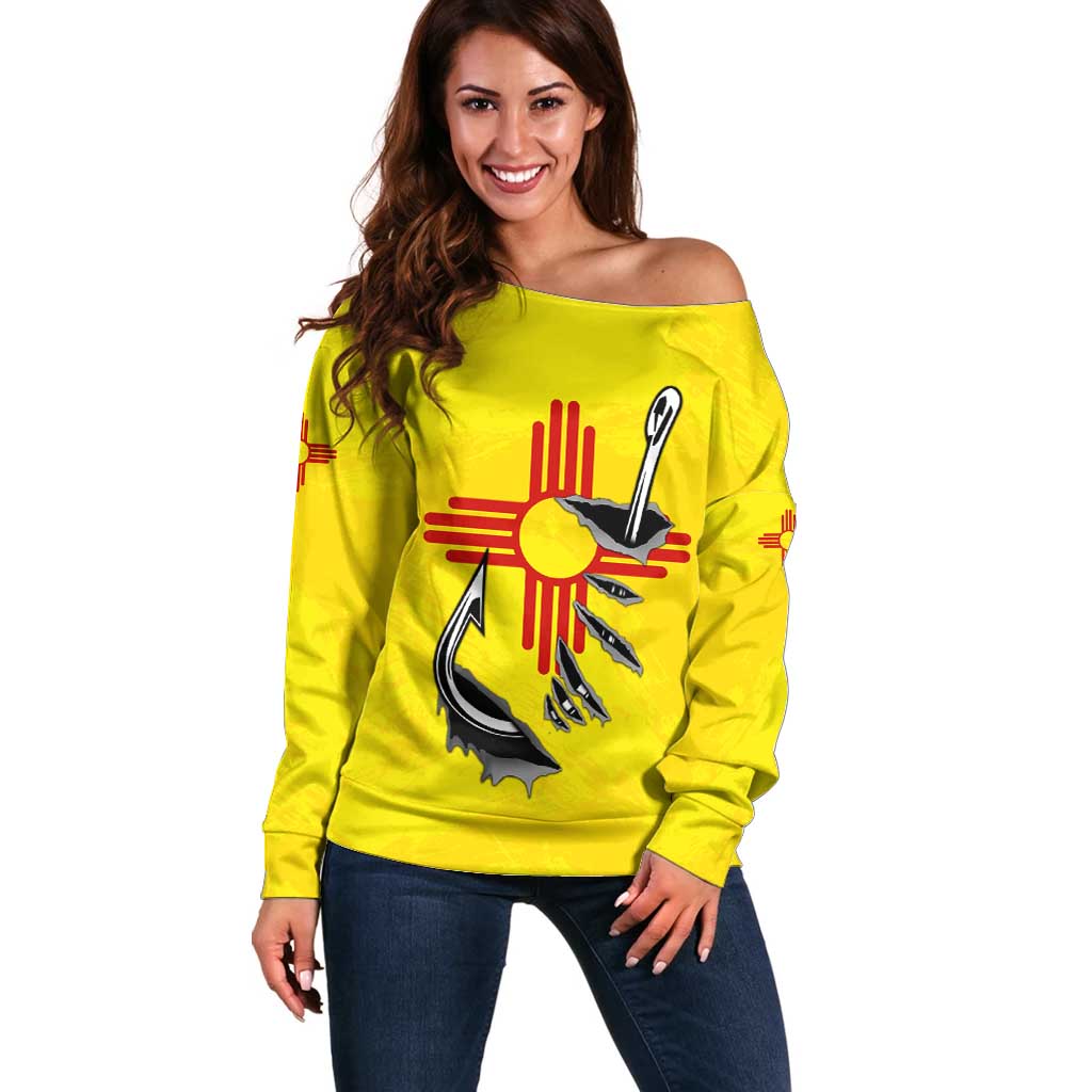 New Mexico Zia Symbol Fish Hook Off Shoulder Sweater Torn Fishing Graphic and Custom Name Design - Wonder Print Shop