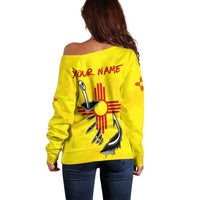 New Mexico Zia Symbol Fish Hook Off Shoulder Sweater Torn Fishing Graphic and Custom Name Design - Wonder Print Shop