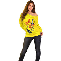 New Mexico Zia Symbol Fish Hook Off Shoulder Sweater Torn Fishing Graphic and Custom Name Design - Wonder Print Shop