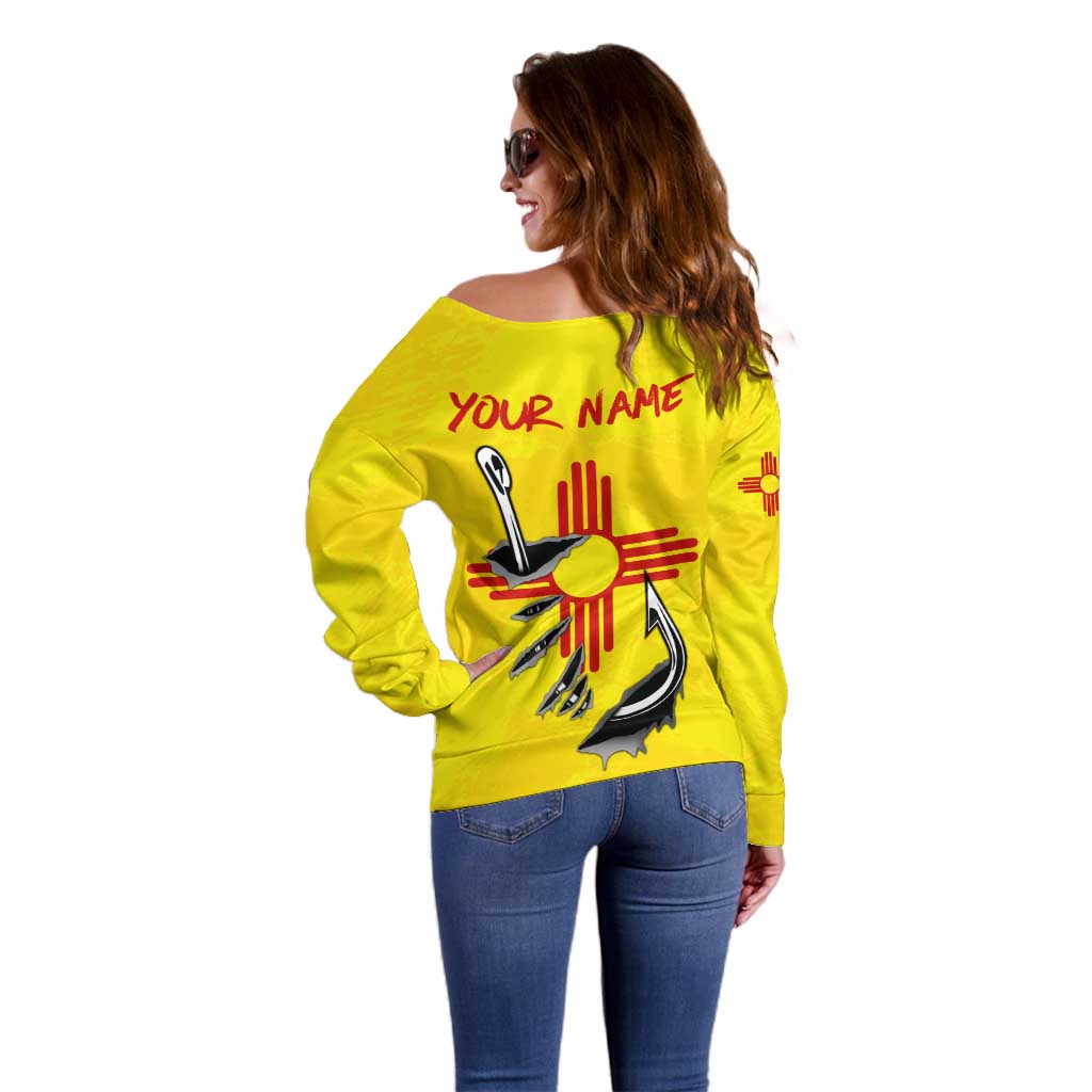 New Mexico Zia Symbol Fish Hook Off Shoulder Sweater Torn Fishing Graphic and Custom Name Design - Wonder Print Shop