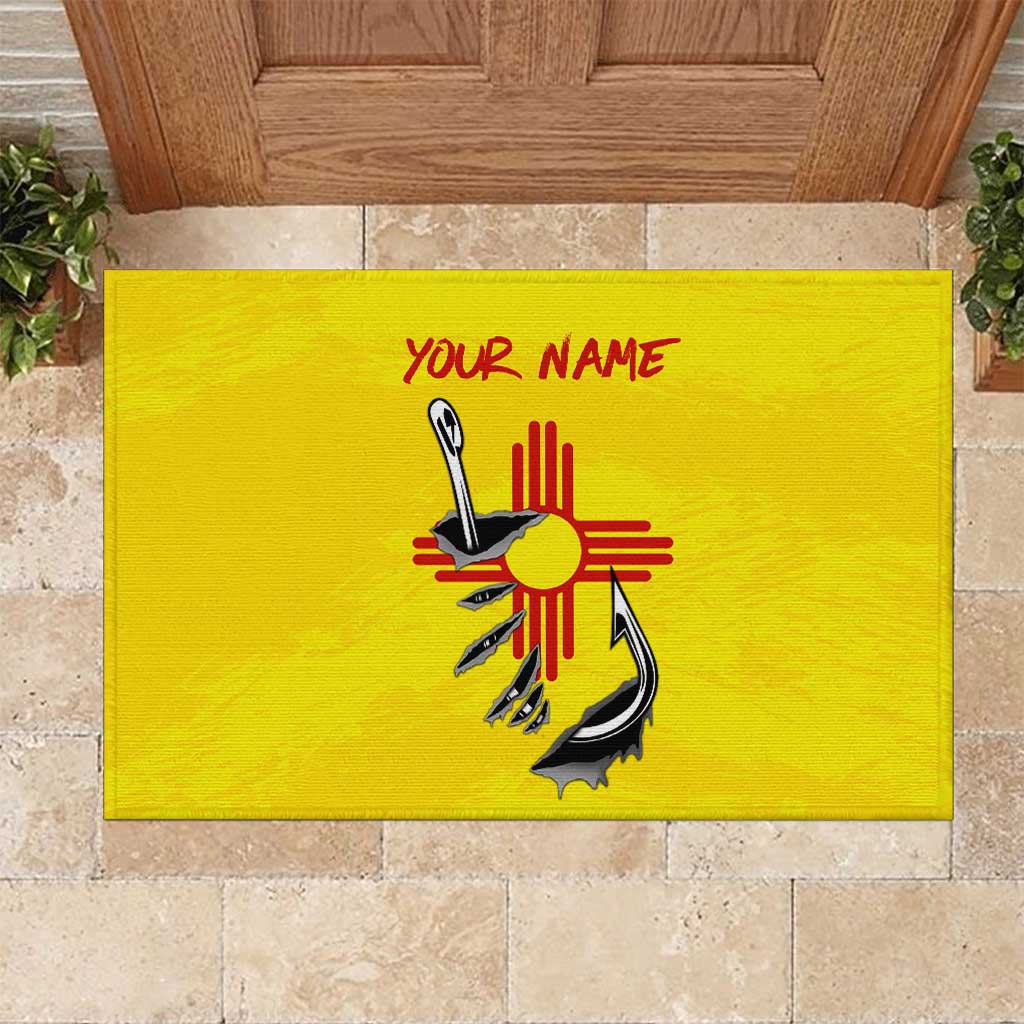 New Mexico Zia Symbol Fish Hook Rubber Doormat Torn Fishing Graphic and Custom Name Design - Wonder Print Shop