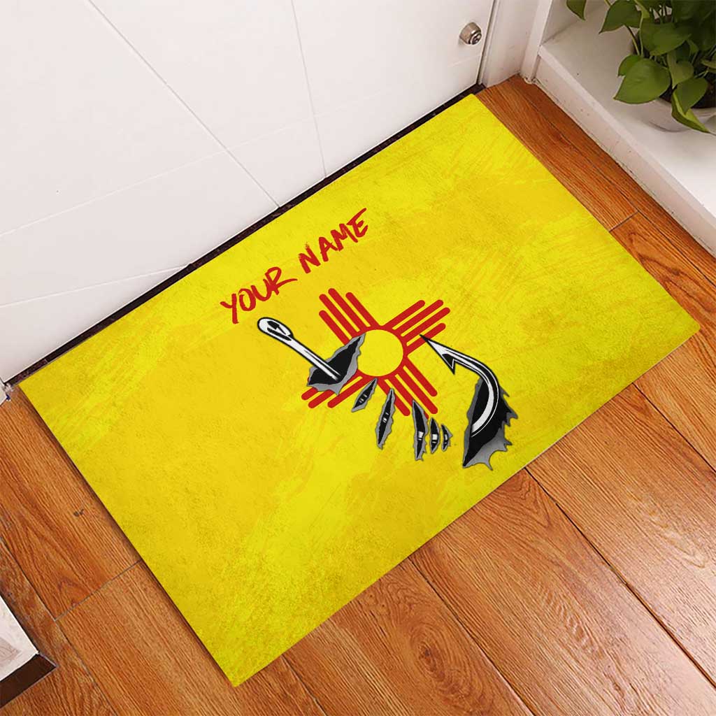 New Mexico Zia Symbol Fish Hook Rubber Doormat Torn Fishing Graphic and Custom Name Design - Wonder Print Shop