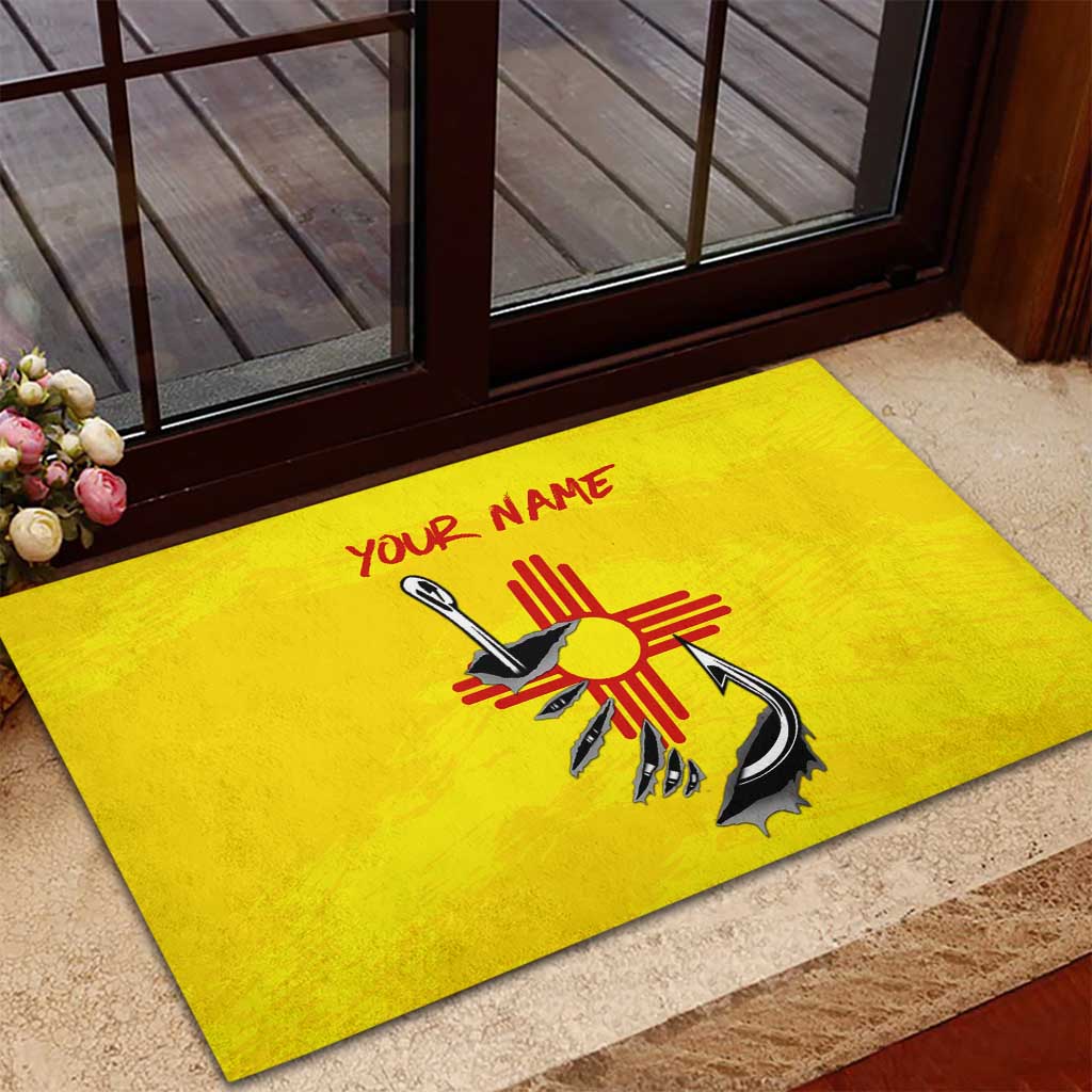 New Mexico Zia Symbol Fish Hook Rubber Doormat Torn Fishing Graphic and Custom Name Design - Wonder Print Shop