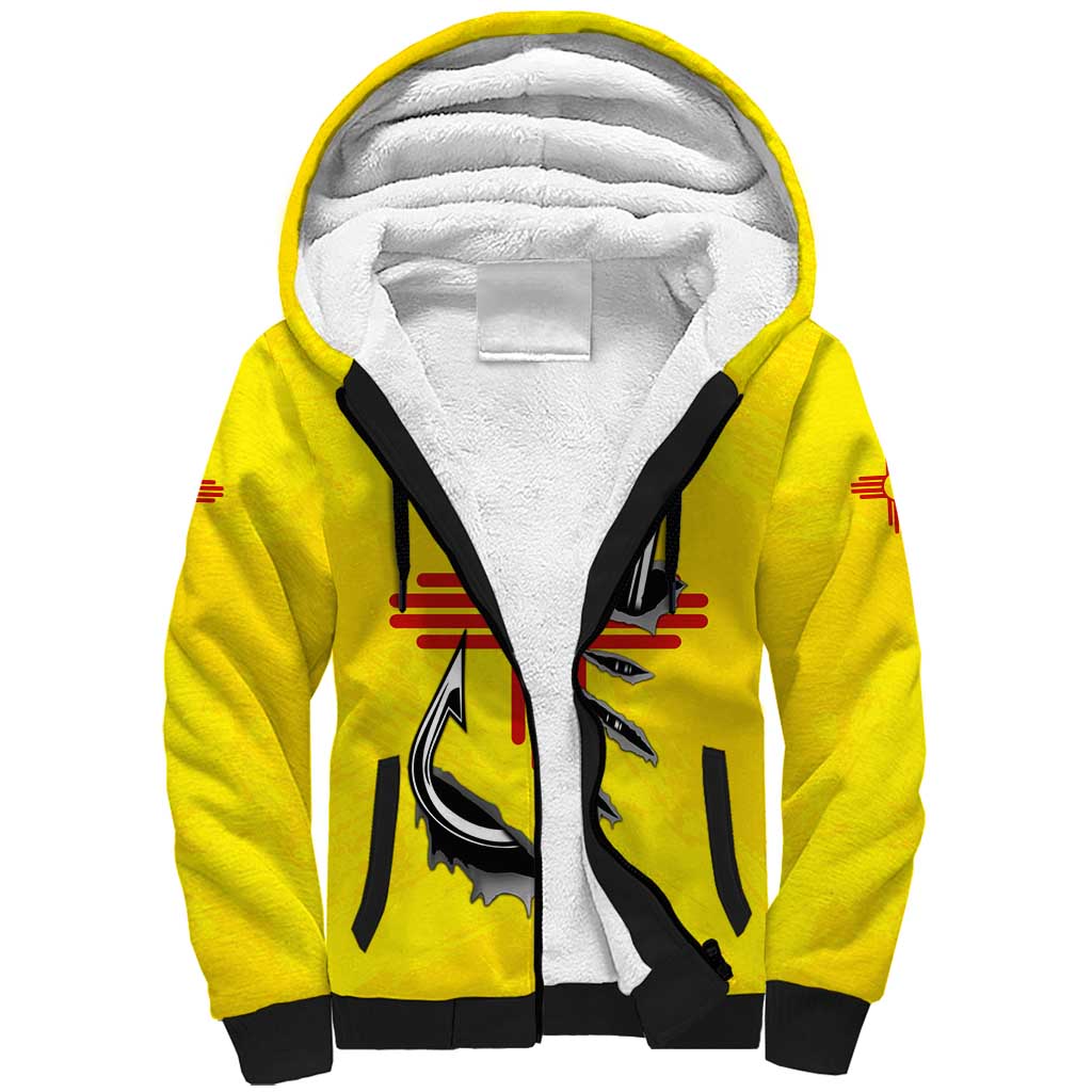 New Mexico Zia Symbol Fish Hook Sherpa Hoodie Torn Fishing Graphic and Custom Name Design - Wonder Print Shop