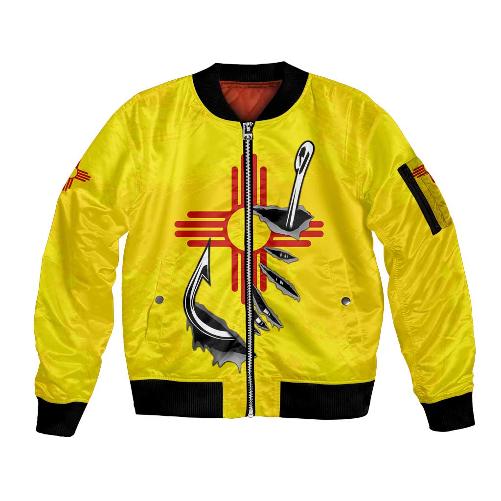 New Mexico Zia Symbol Fish Hook Sleeve Zip Bomber Jacket Torn Fishing Graphic and Custom Name Design - Wonder Print Shop