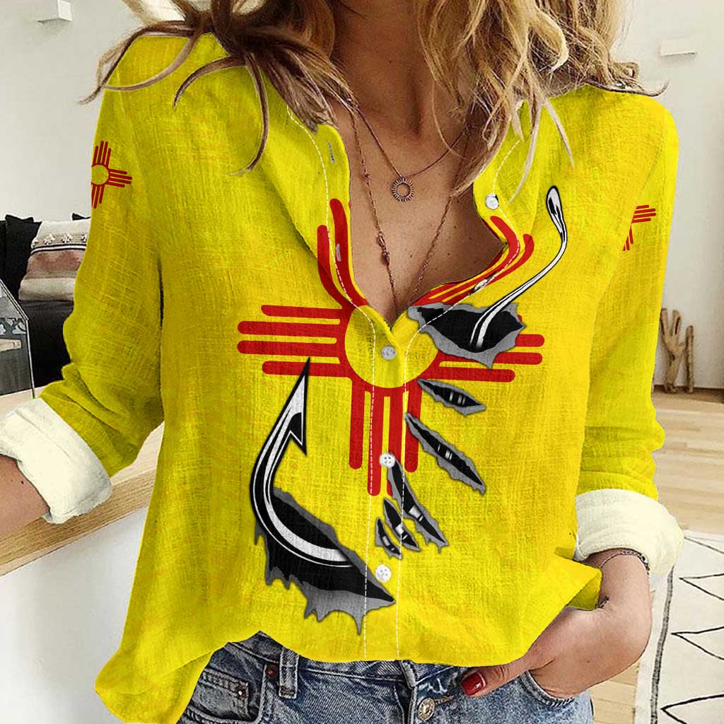New Mexico Zia Symbol Fish Hook Women Casual Shirt Torn Fishing Graphic and Custom Name Design - Wonder Print Shop