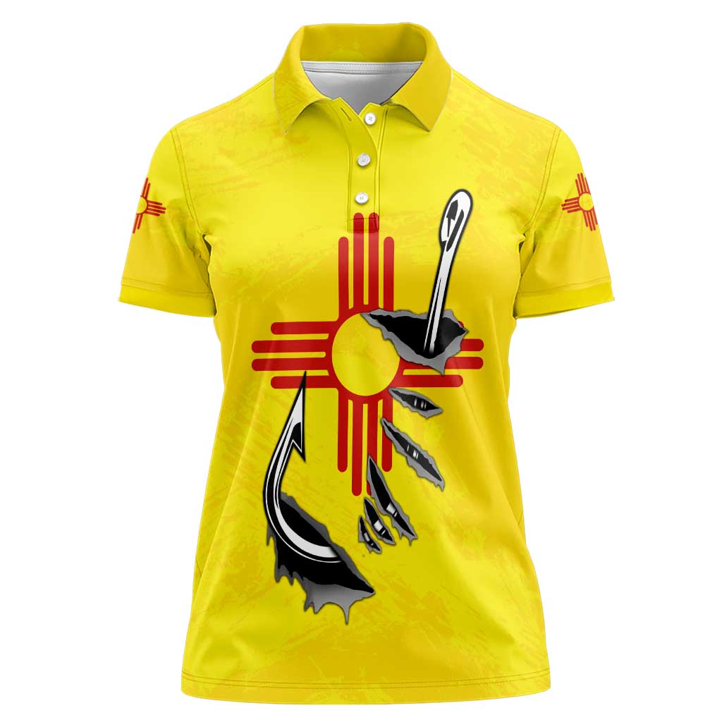 New Mexico Zia Symbol Fish Hook Women Polo Shirt Torn Fishing Graphic and Custom Name Design - Wonder Print Shop