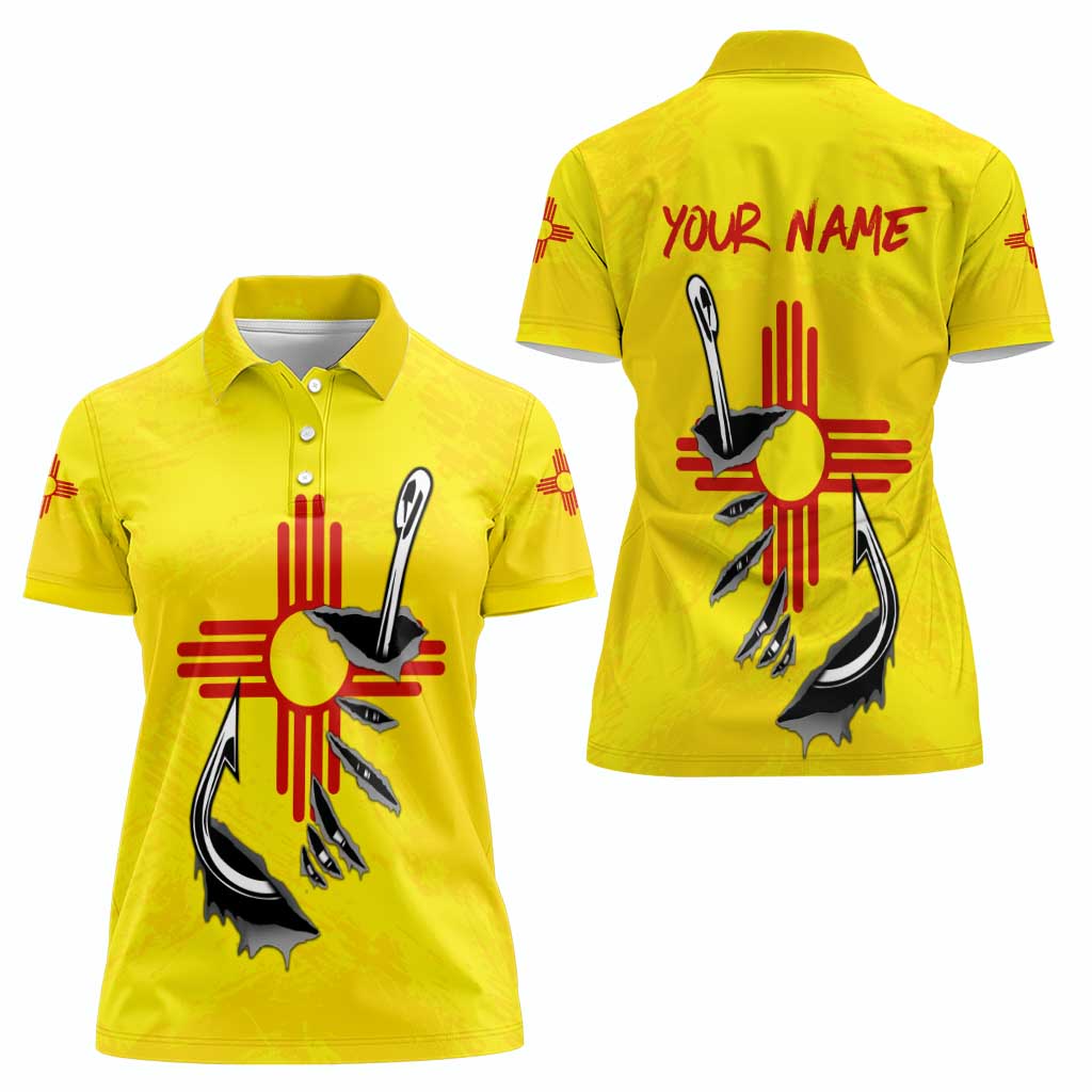 New Mexico Zia Symbol Fish Hook Women Polo Shirt Torn Fishing Graphic and Custom Name Design - Wonder Print Shop