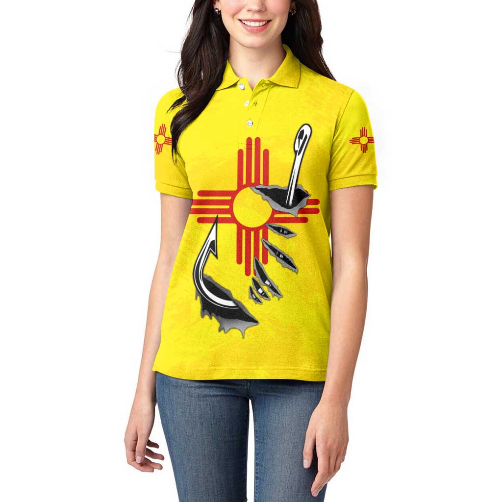 New Mexico Zia Symbol Fish Hook Women Polo Shirt Torn Fishing Graphic and Custom Name Design - Wonder Print Shop