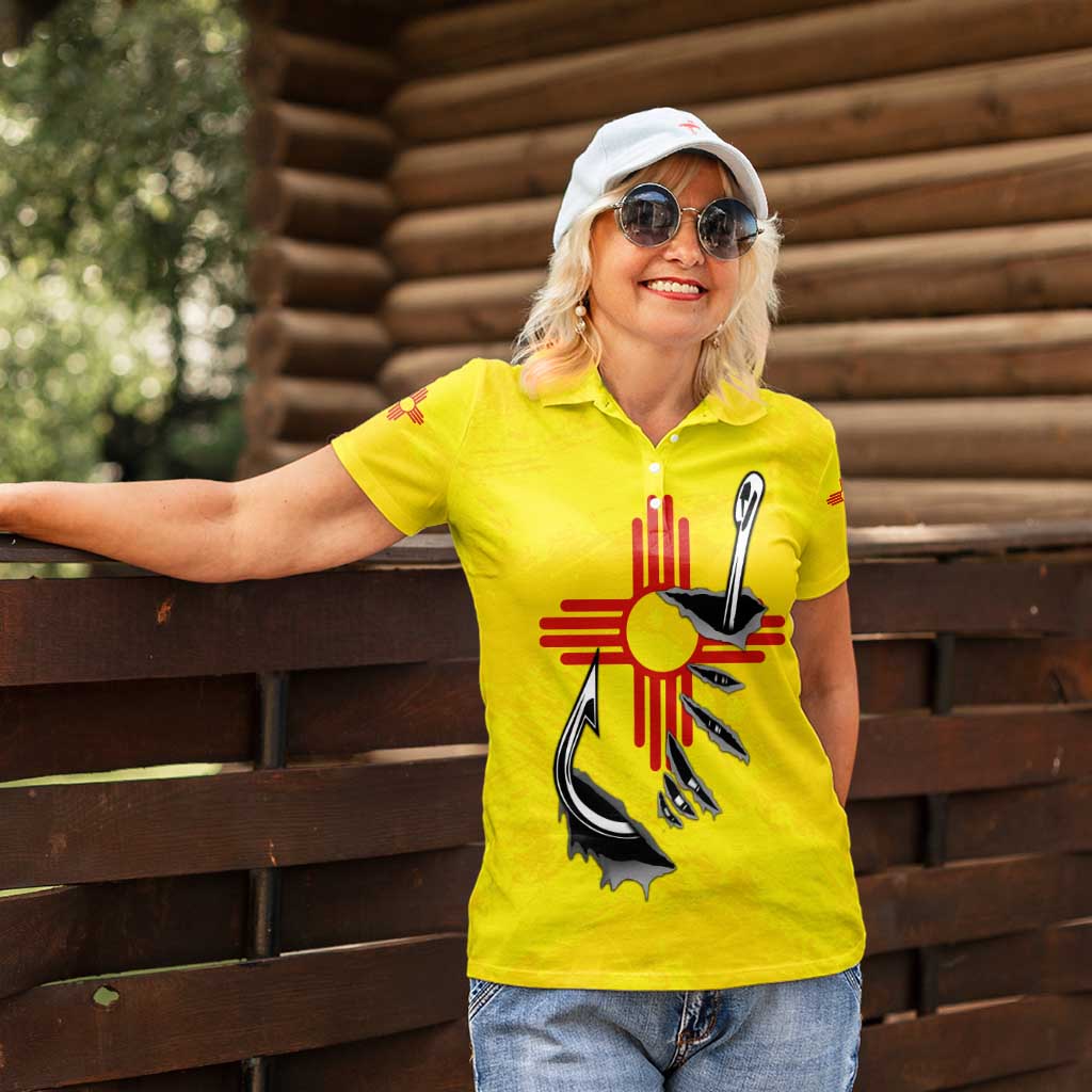 New Mexico Zia Symbol Fish Hook Women Polo Shirt Torn Fishing Graphic and Custom Name Design - Wonder Print Shop