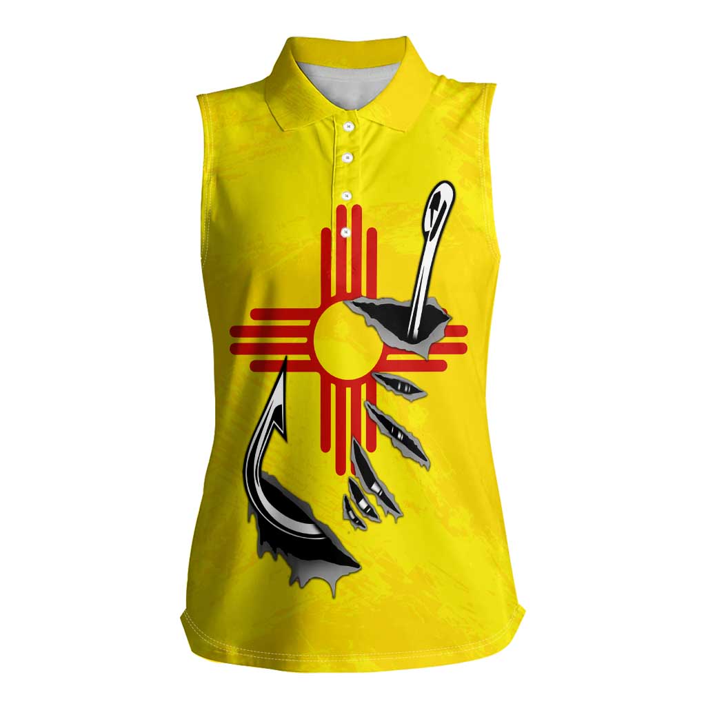 New Mexico Zia Symbol Fish Hook Women Sleeveless Polo Shirt Torn Fishing Graphic and Custom Name Design - Wonder Print Shop