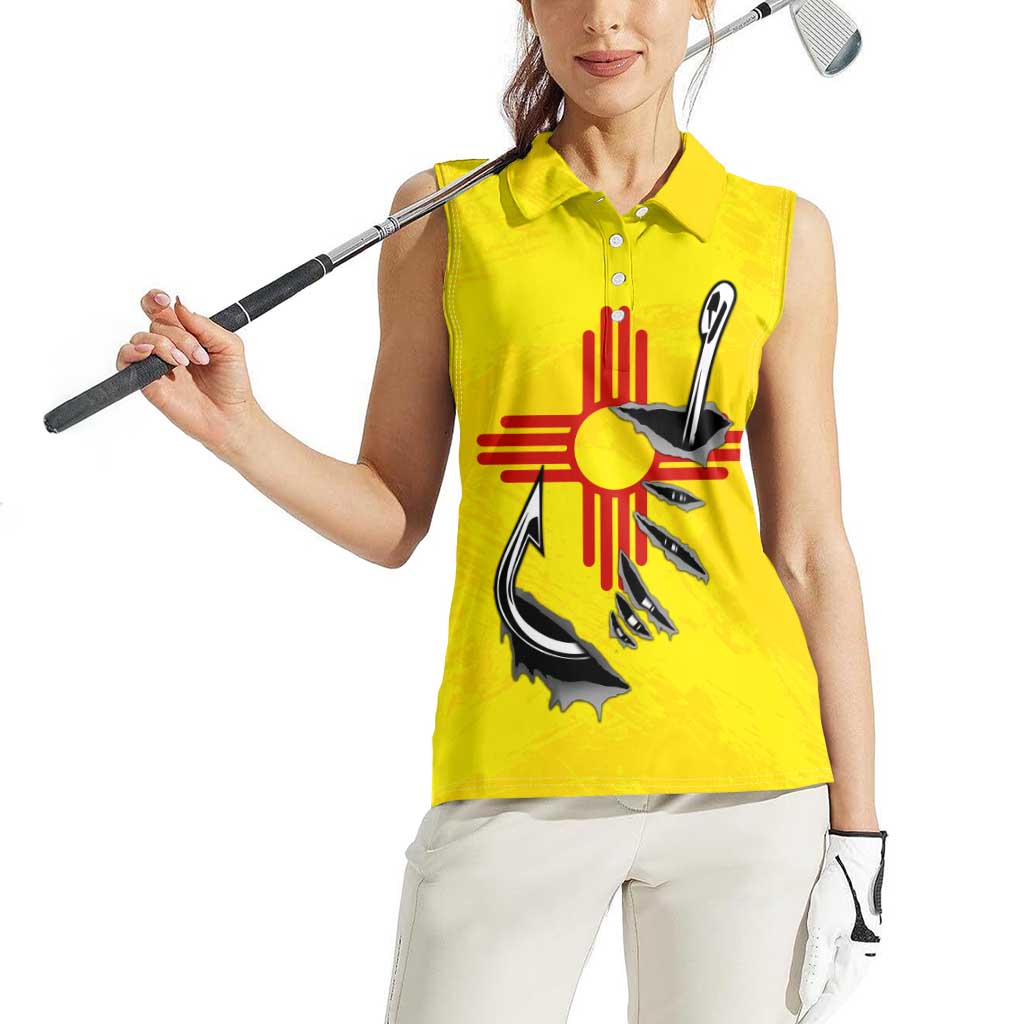 New Mexico Zia Symbol Fish Hook Women Sleeveless Polo Shirt Torn Fishing Graphic and Custom Name Design - Wonder Print Shop