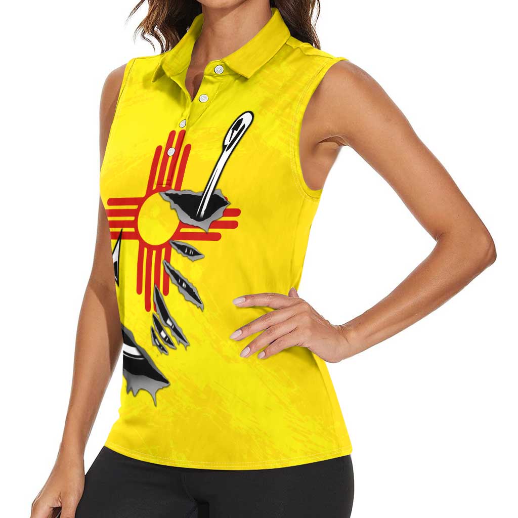 New Mexico Zia Symbol Fish Hook Women Sleeveless Polo Shirt Torn Fishing Graphic and Custom Name Design - Wonder Print Shop