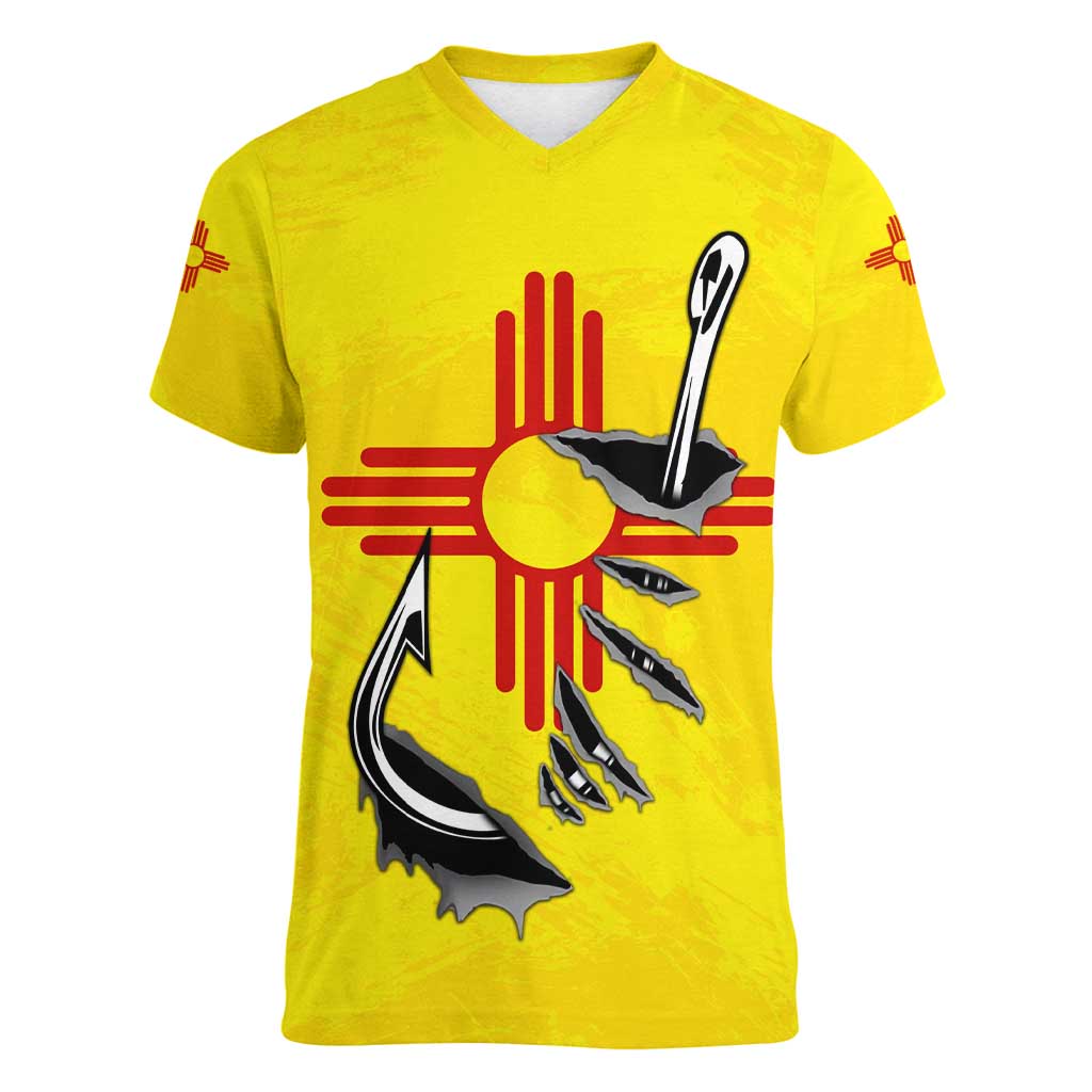 New Mexico Zia Symbol Fish Hook Women V-Neck T-Shirt Torn Fishing Graphic and Custom Name Design - Wonder Print Shop