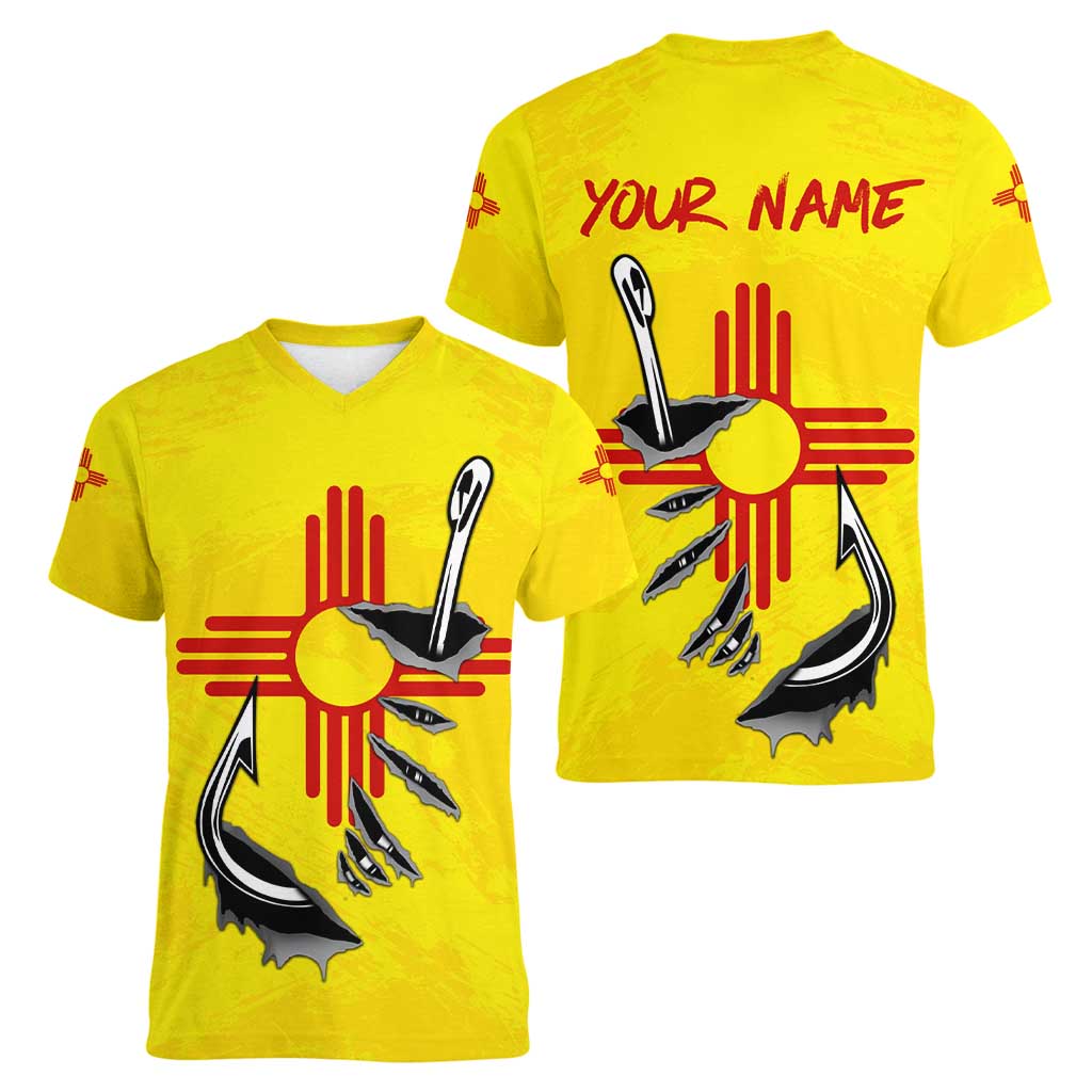New Mexico Zia Symbol Fish Hook Women V-Neck T-Shirt Torn Fishing Graphic and Custom Name Design - Wonder Print Shop