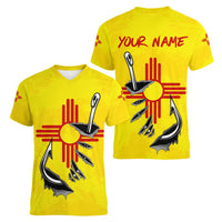 New Mexico Zia Symbol Fish Hook Women V-Neck T-Shirt Torn Fishing Graphic and Custom Name Design - Wonder Print Shop