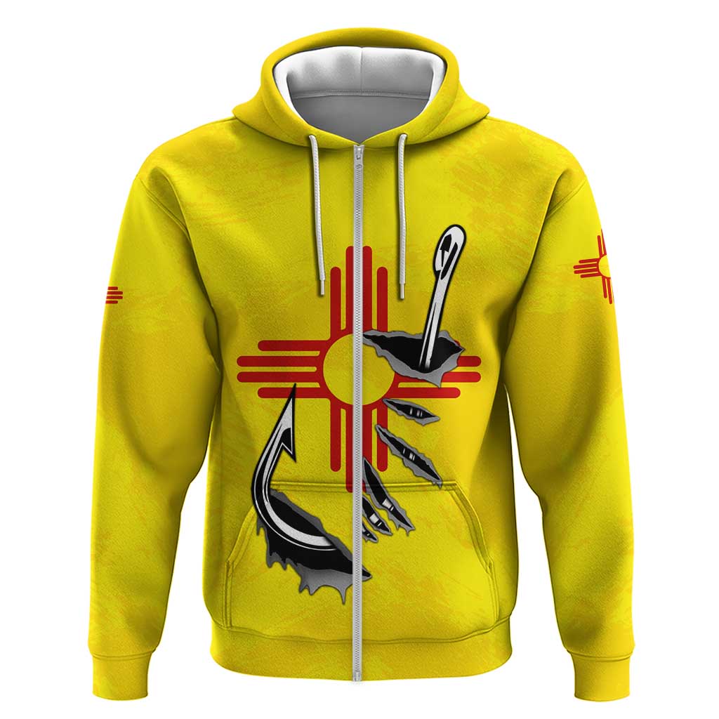 New Mexico Zia Symbol Fish Hook Zip Hoodie Torn Fishing Graphic and Custom Name Design - Wonder Print Shop