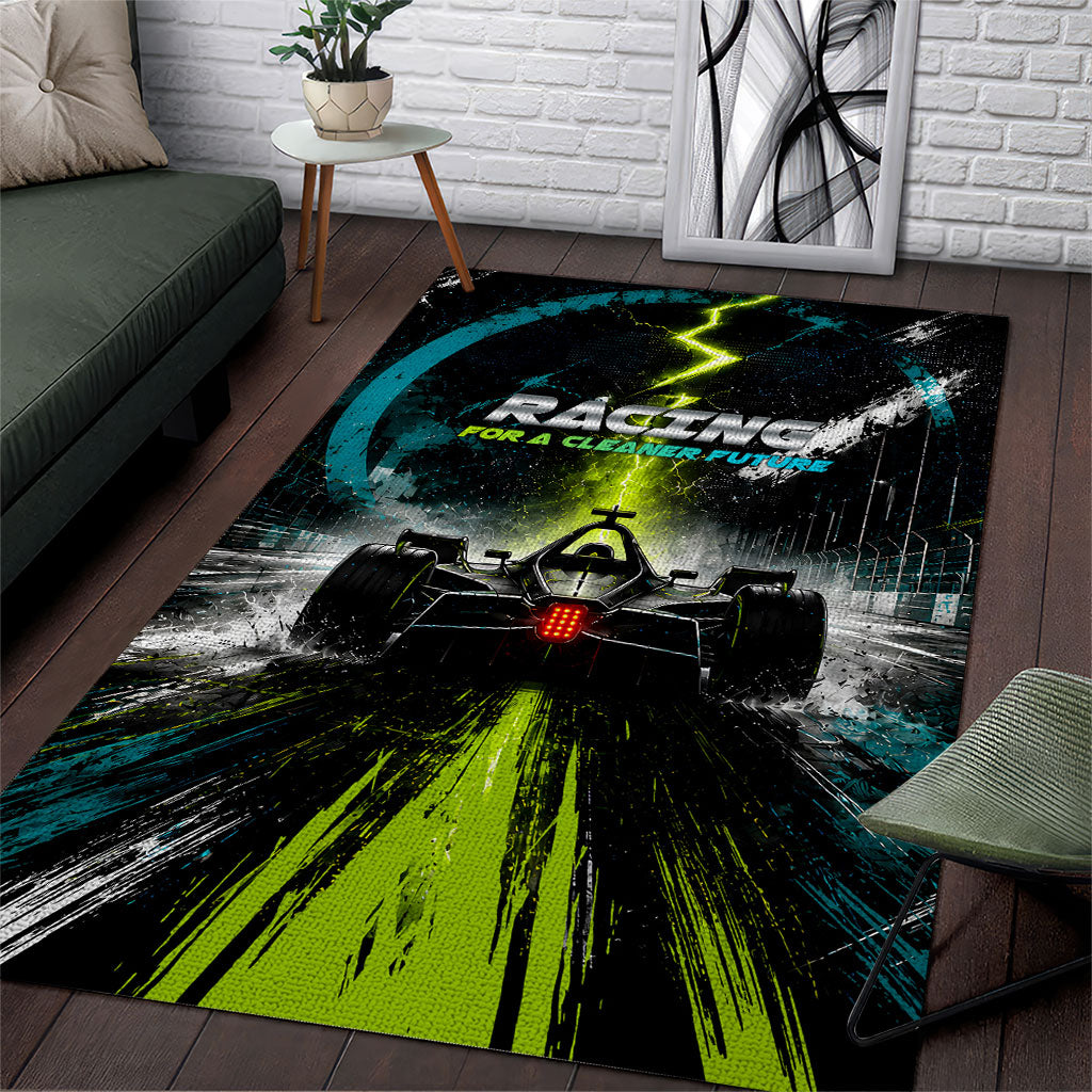Electric Motorsport Racing Area Rug Futuristic Formula Car Neon Lightning Speed Art