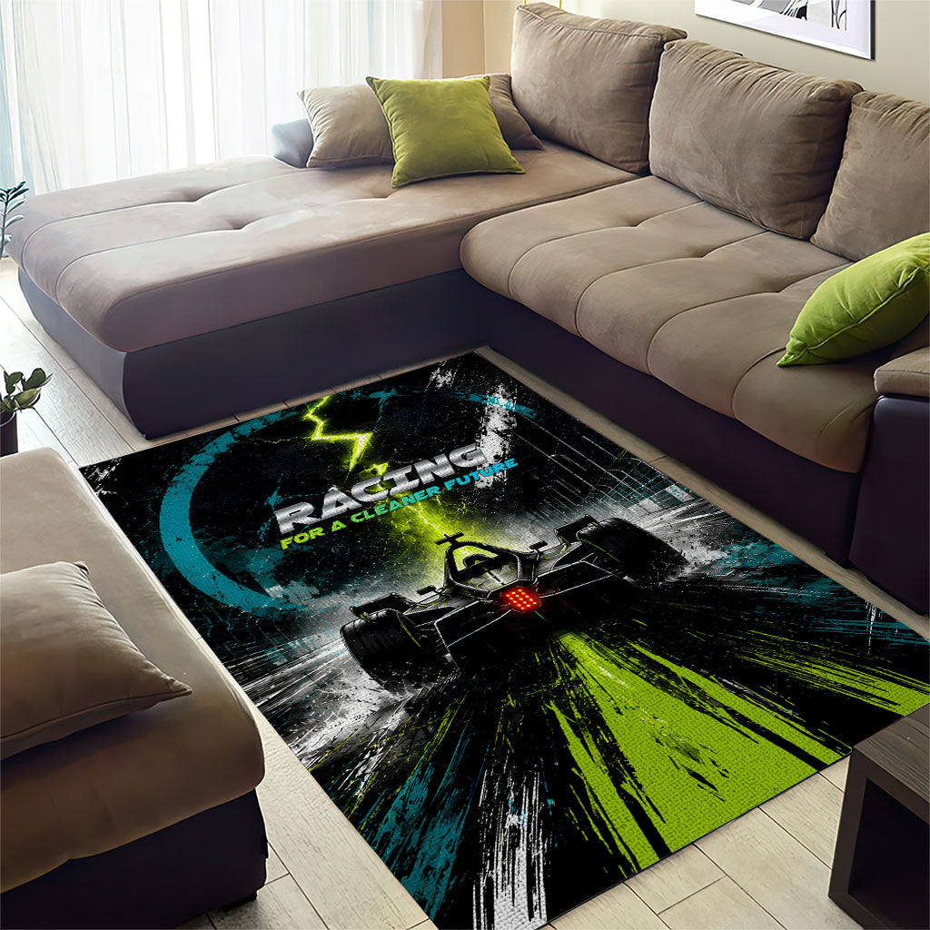 Electric Motorsport Racing Area Rug Futuristic Formula Car Neon Lightning Speed Art