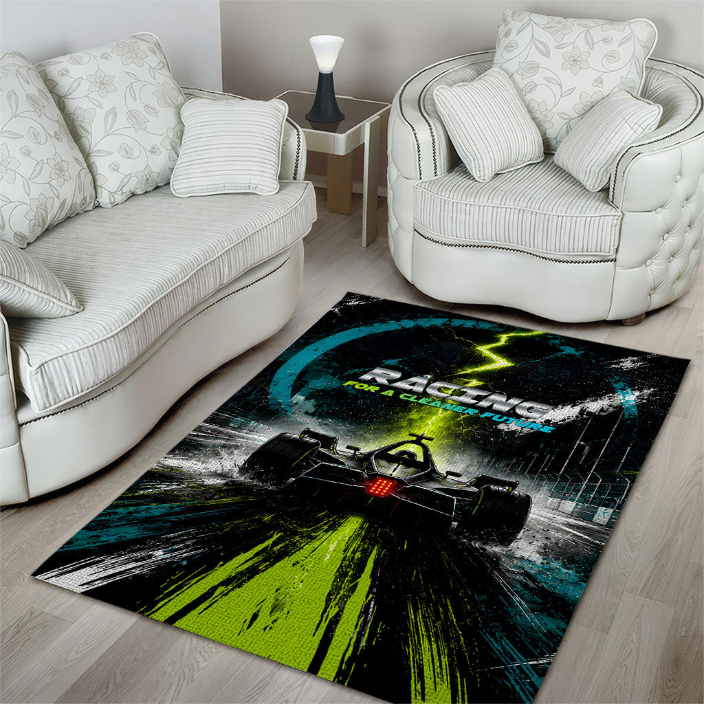 Electric Motorsport Racing Area Rug Futuristic Formula Car Neon Lightning Speed Art