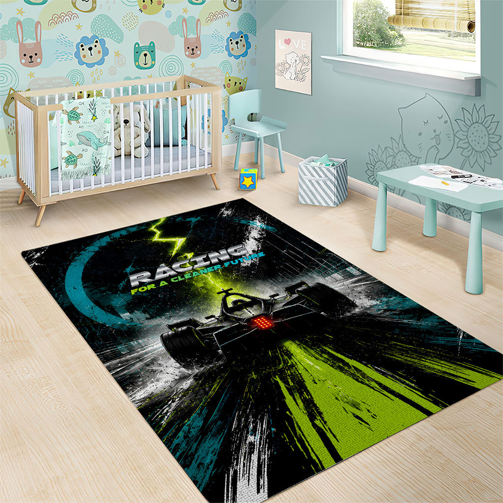 Electric Motorsport Racing Area Rug Futuristic Formula Car Neon Lightning Speed Art