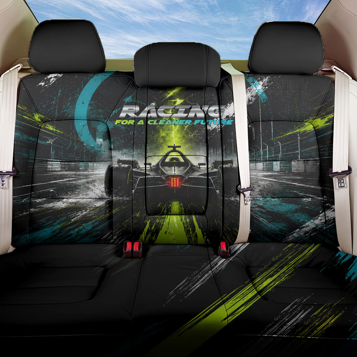 Electric Motorsport Racing Back Car Seat Cover Futuristic Formula Car Neon Lightning Speed Art