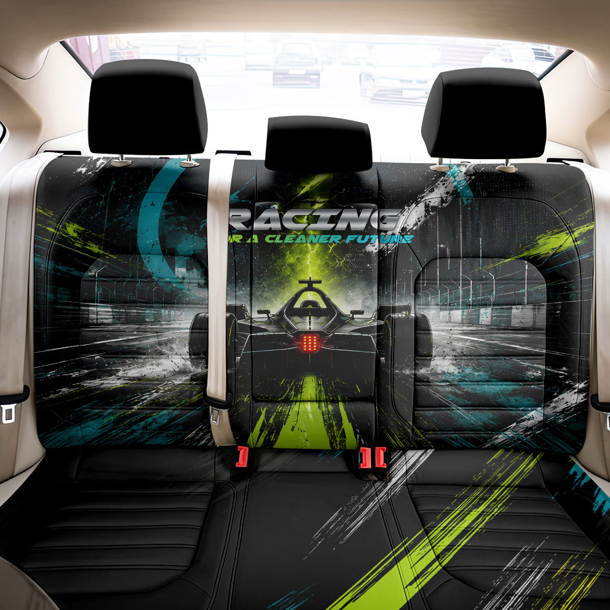 Electric Motorsport Racing Back Car Seat Cover Futuristic Formula Car Neon Lightning Speed Art