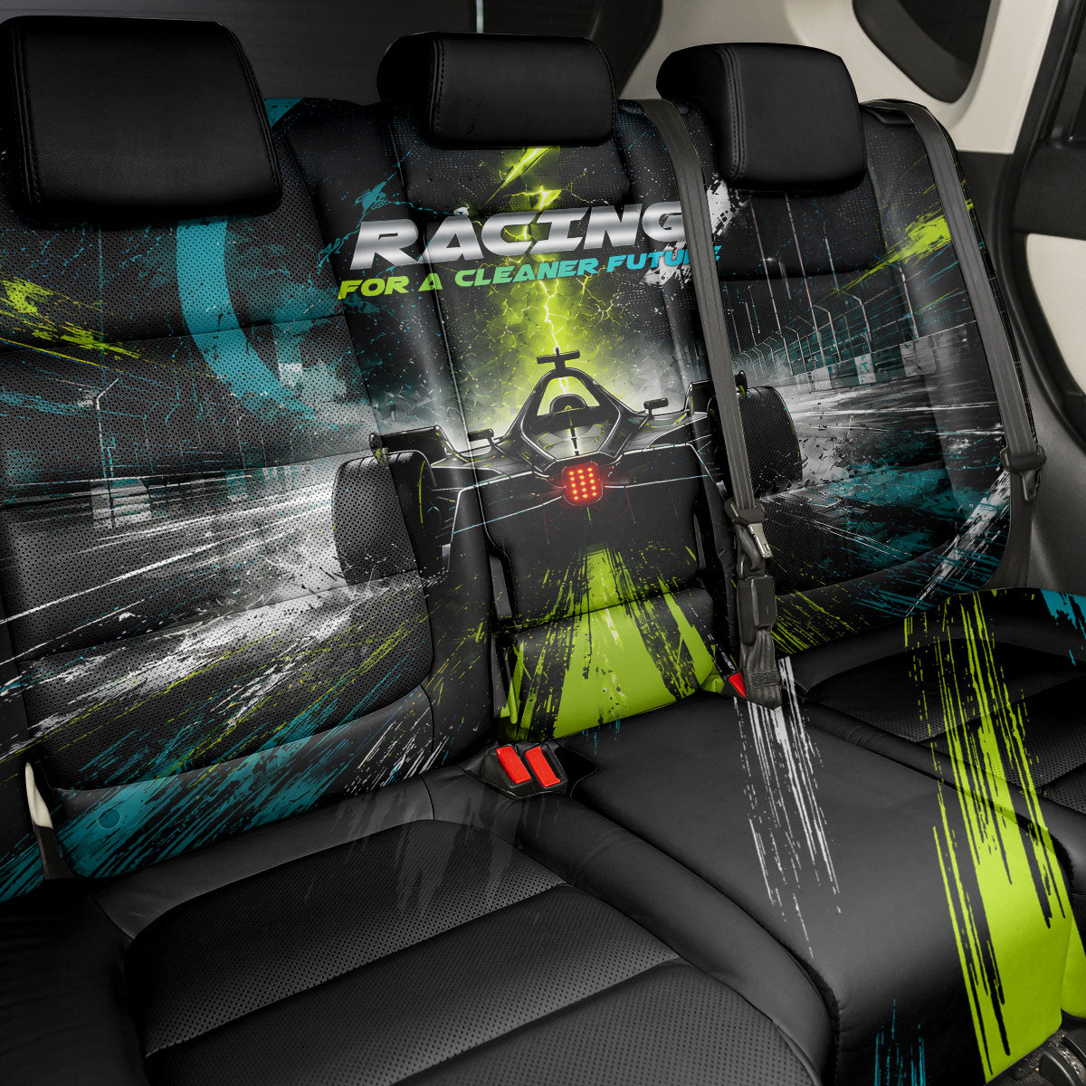 Electric Motorsport Racing Back Car Seat Cover Futuristic Formula Car Neon Lightning Speed Art