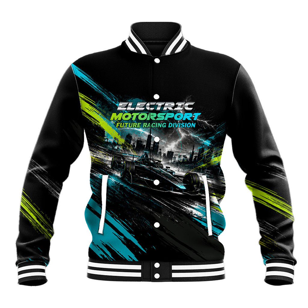 Electric Motorsport Racing Baseball Jacket Futuristic Formula Car Neon Lightning Speed Art