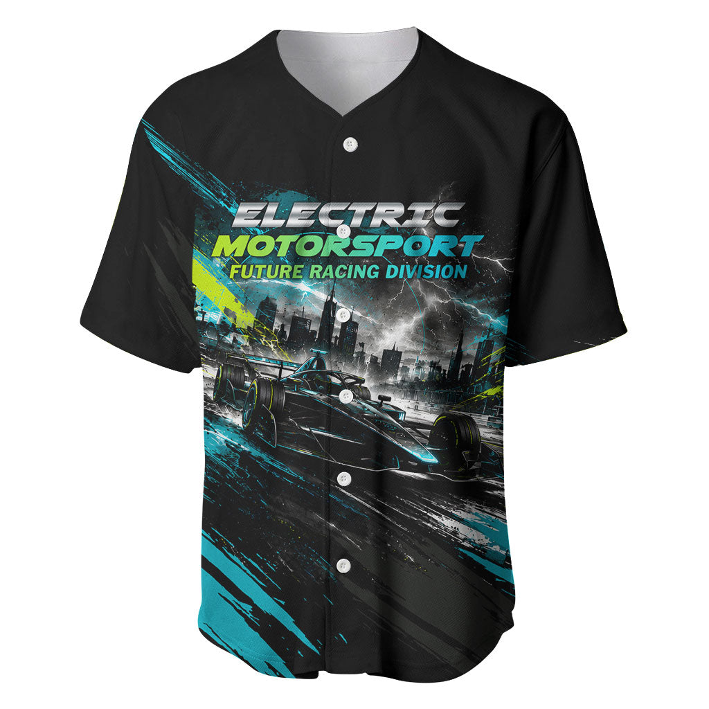 Electric Motorsport Racing Baseball Jersey Futuristic Formula Car Neon Lightning Speed Art