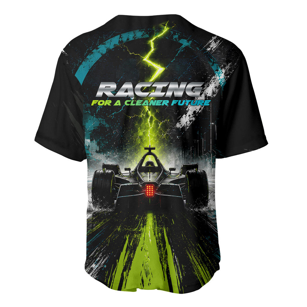 Electric Motorsport Racing Baseball Jersey Futuristic Formula Car Neon Lightning Speed Art