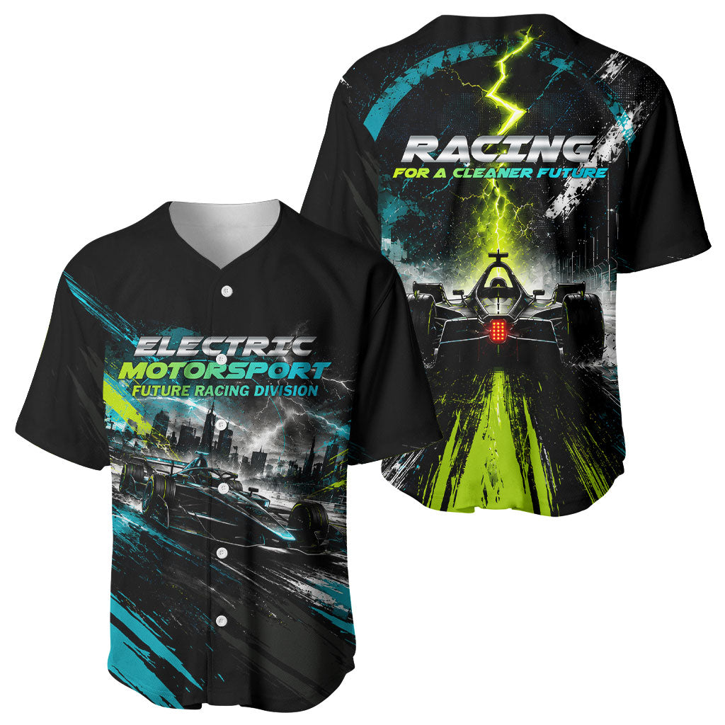 Electric Motorsport Racing Baseball Jersey Futuristic Formula Car Neon Lightning Speed Art
