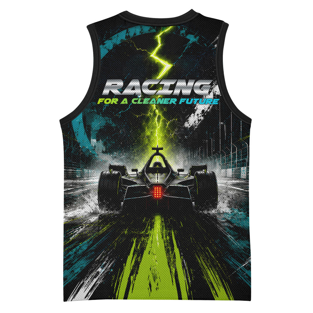 Electric Motorsport Racing Basketball Jersey Futuristic Formula Car Neon Lightning Speed Art