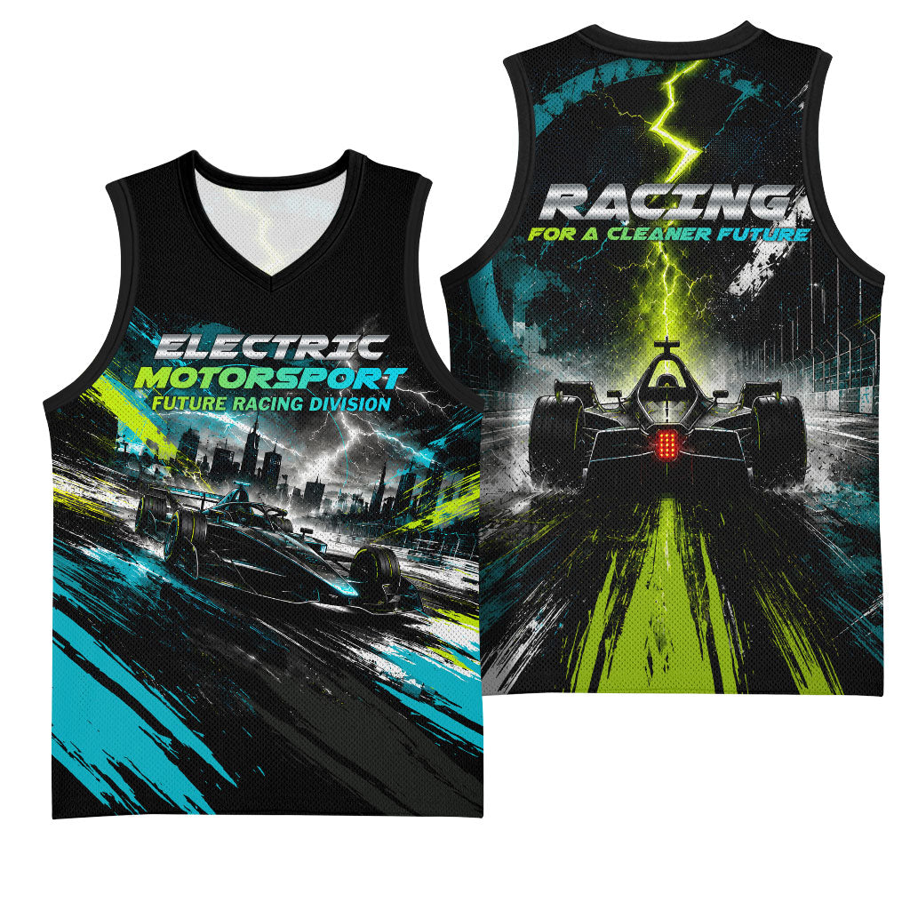 Electric Motorsport Racing Basketball Jersey Futuristic Formula Car Neon Lightning Speed Art