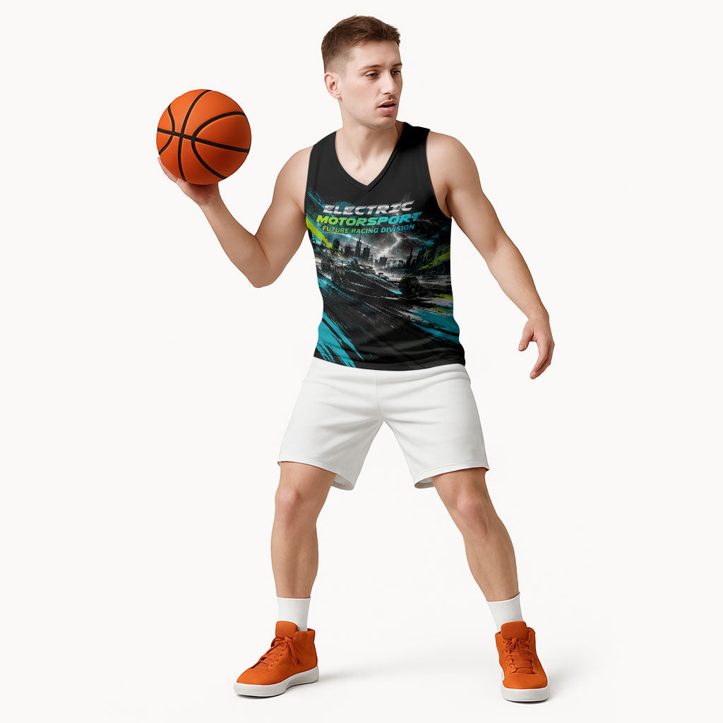 Electric Motorsport Racing Basketball Jersey Futuristic Formula Car Neon Lightning Speed Art