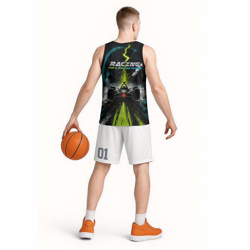 Electric Motorsport Racing Basketball Jersey Futuristic Formula Car Neon Lightning Speed Art