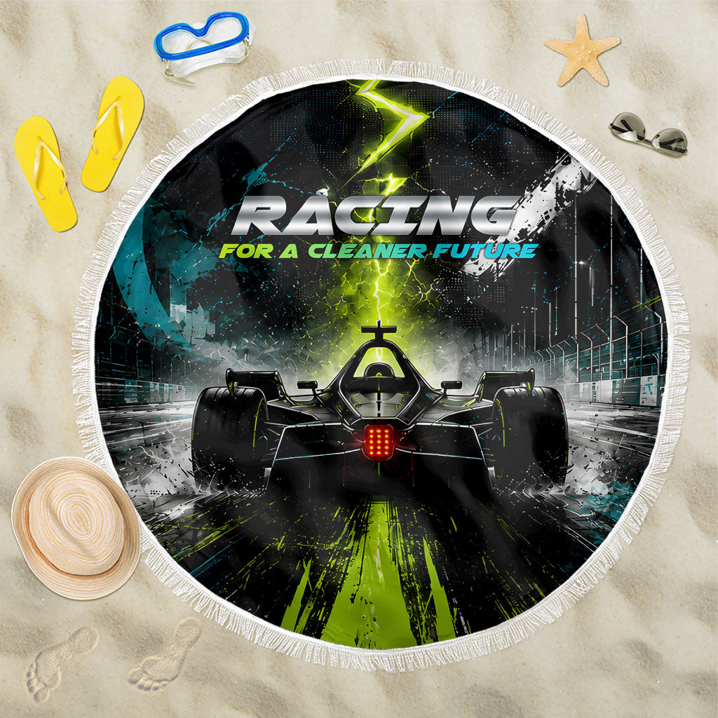 Electric Motorsport Racing Beach Blanket Futuristic Formula Car Neon Lightning Speed Art