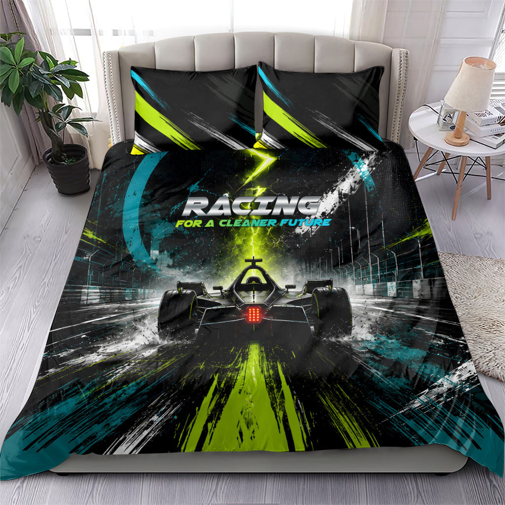 Electric Motorsport Racing Bedding Set Futuristic Formula Car Neon Lightning Speed Art