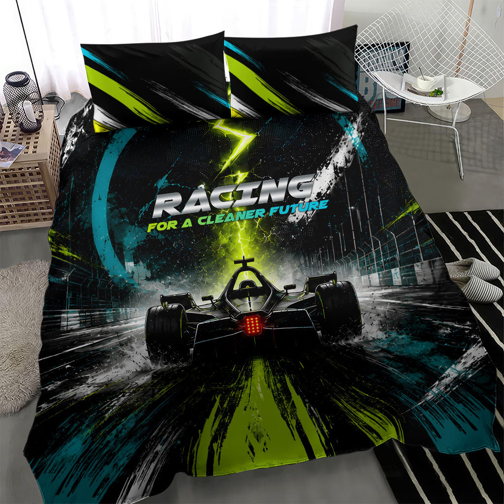 Electric Motorsport Racing Bedding Set Futuristic Formula Car Neon Lightning Speed Art