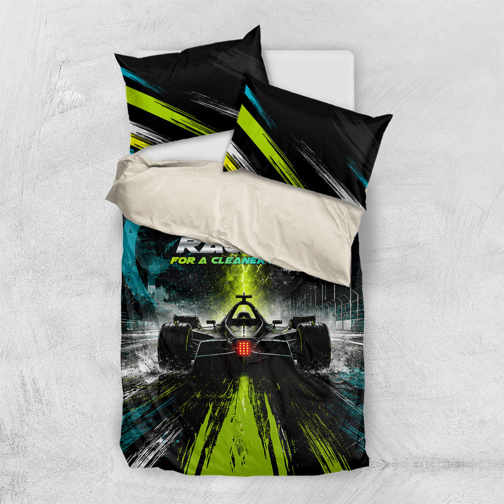 Electric Motorsport Racing Bedding Set Futuristic Formula Car Neon Lightning Speed Art