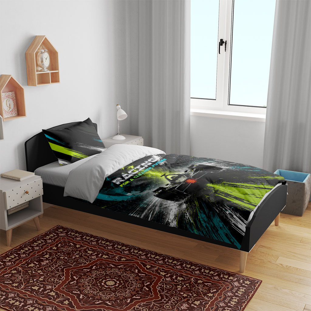 Electric Motorsport Racing Bedding Set Futuristic Formula Car Neon Lightning Speed Art
