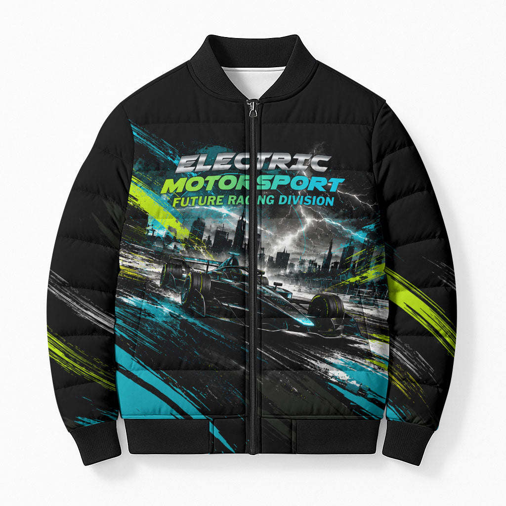 Electric Motorsport Racing Bomber Puffer Jacket Futuristic Formula Car Neon Lightning Speed Art